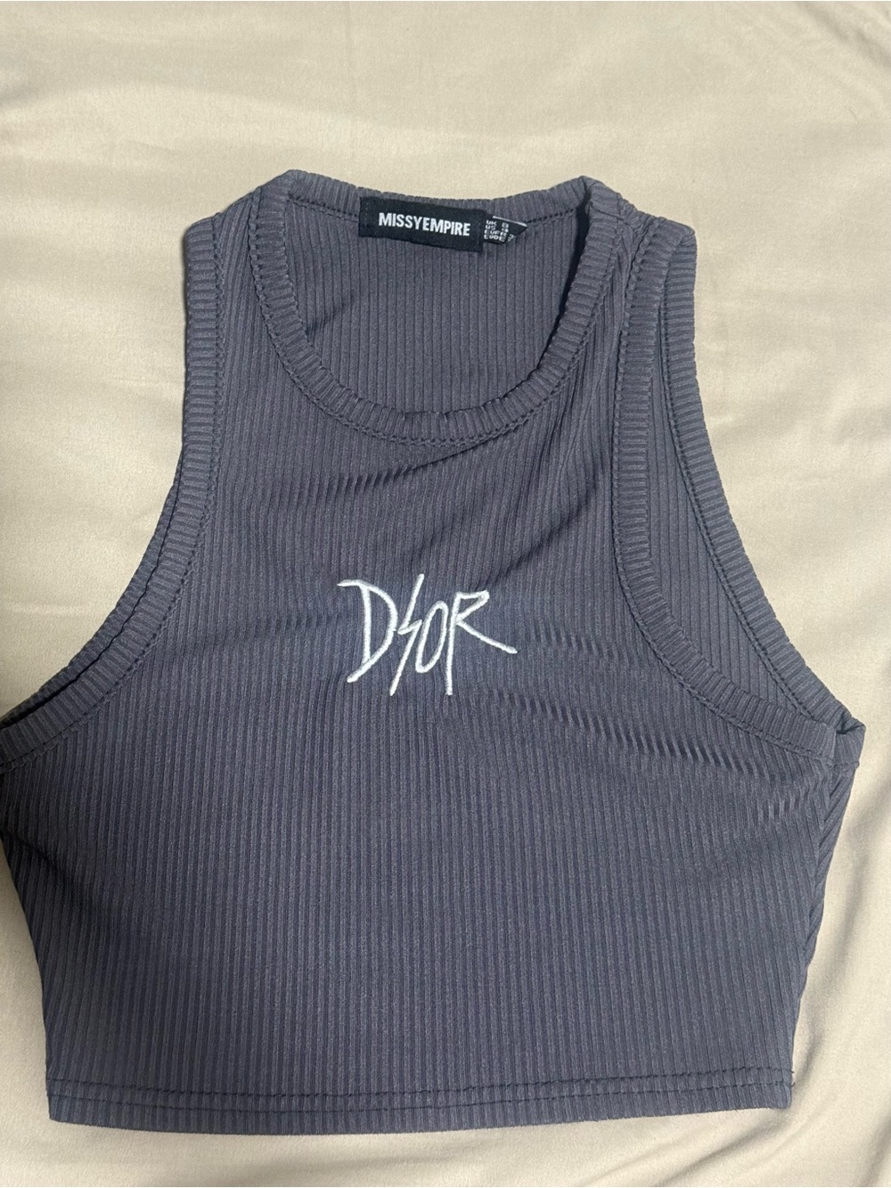 MissyEmpire Black Ribbed Cropped Tank with White Script Logo
